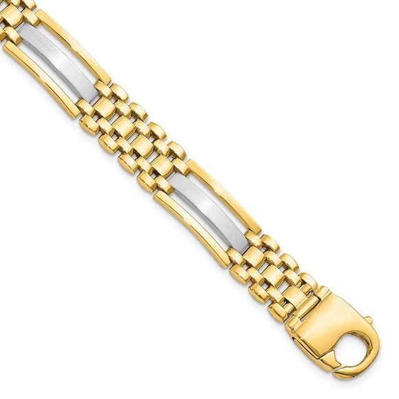 Men's 9.25mm 14k Two Tone Gold Polished & Satin Link Bracelet, 8.5 In - Picture 1 of 6